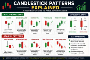 Candlestick patterns explained infographic showing bullish and bearish candlestick chart patterns for forex trading beginners