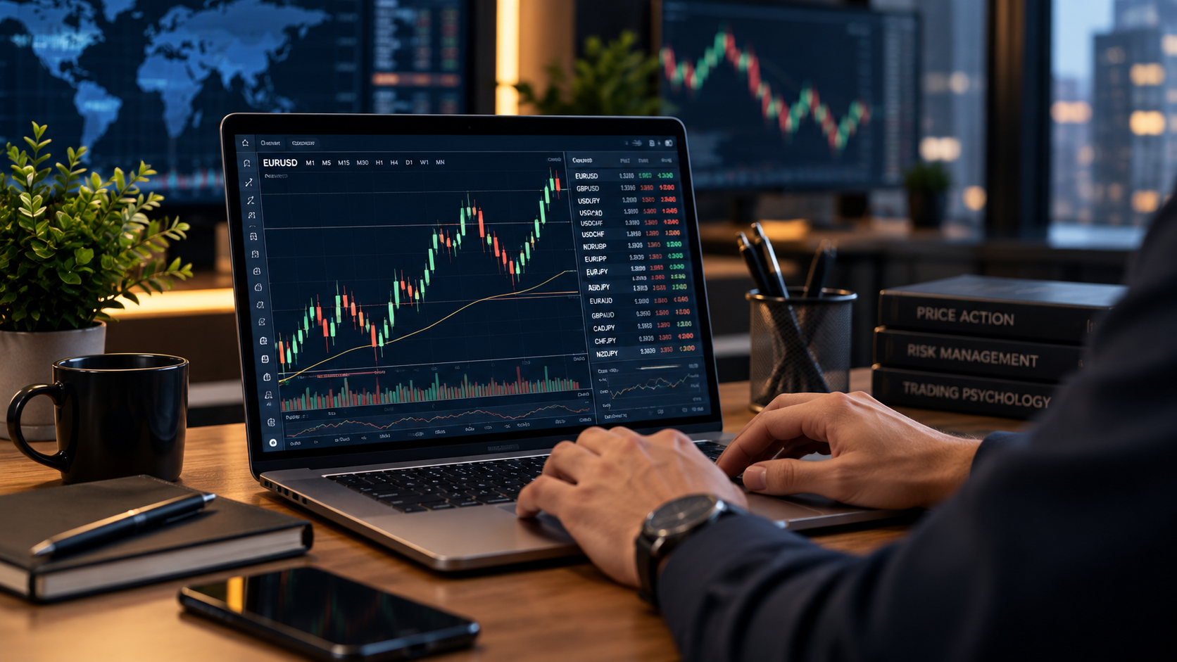 Professional forex trader learning market analysis and price action strategies on laptop