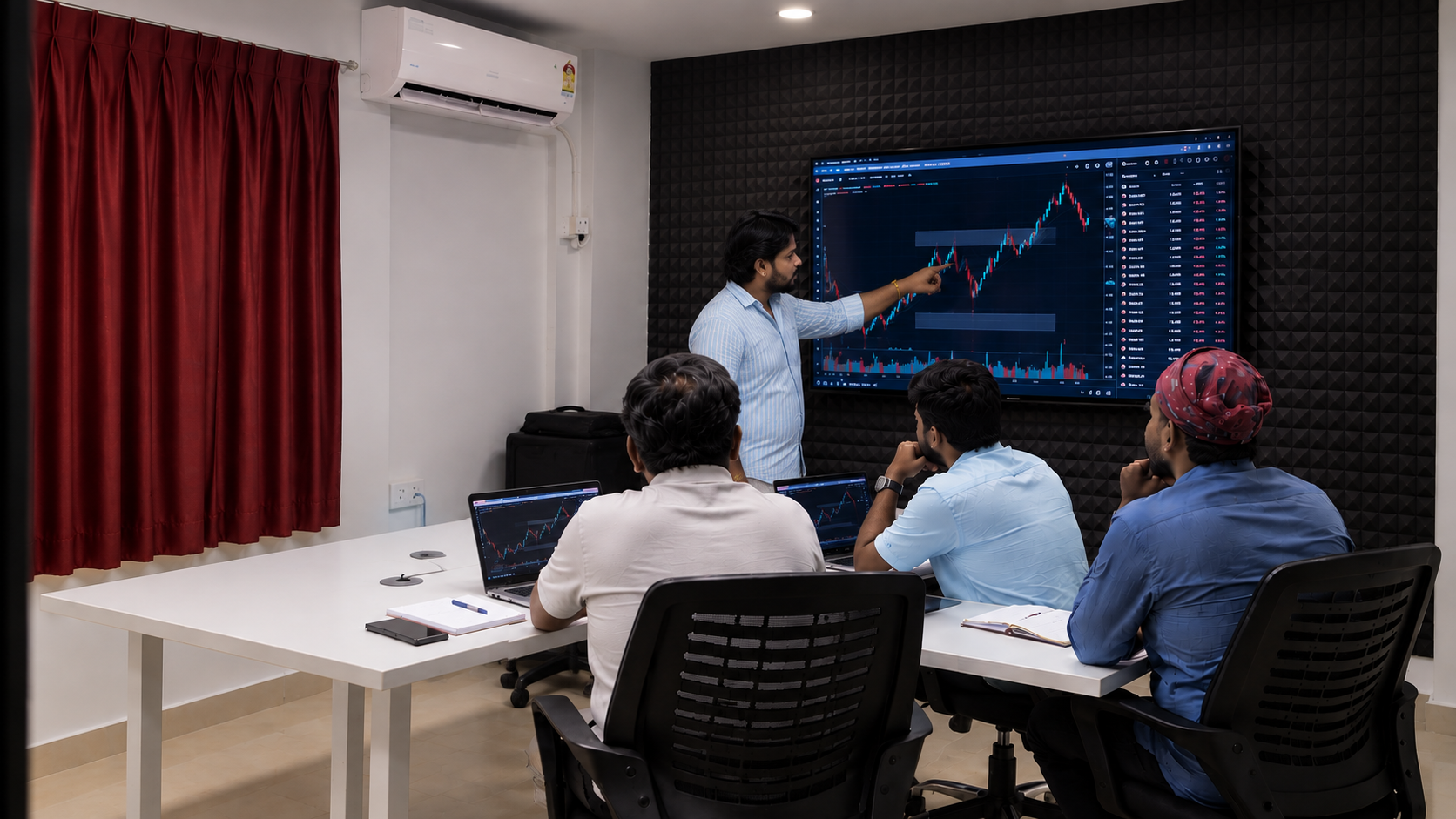 Forex trading classroom training session with students learning live market strategies