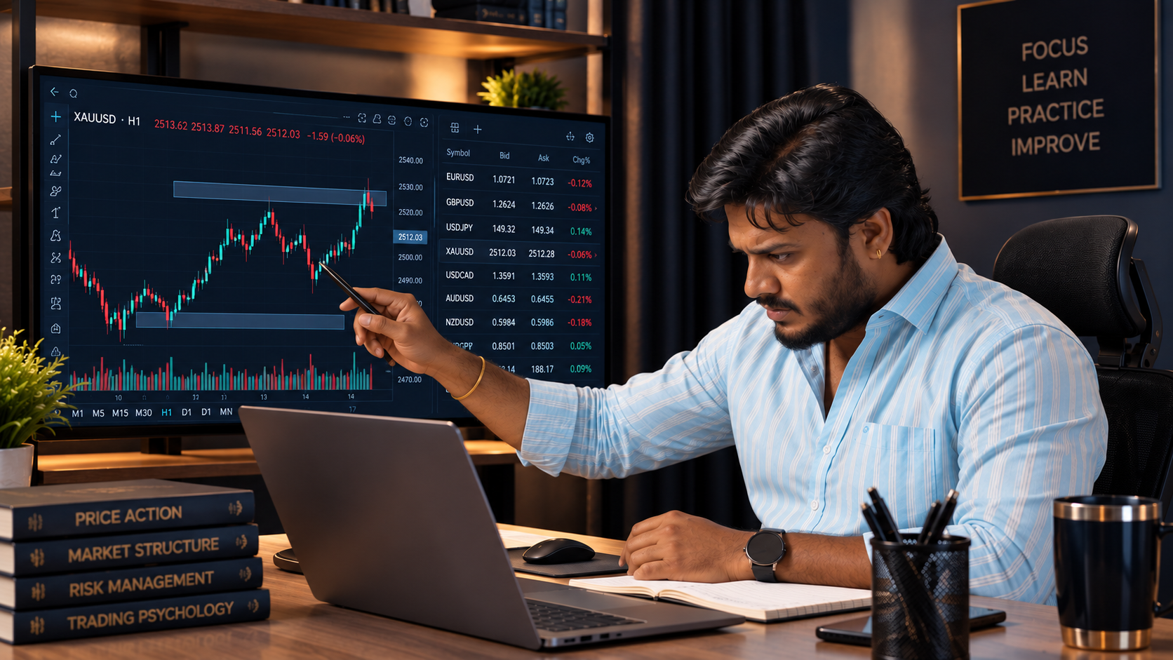 Beginner forex trading student learning online market analysis on laptop